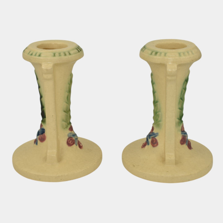 Roseville La Rose 1924 Vintage Art Pottery Ivory Ceramic Candle Holders 1051-4 - Just Art Pottery