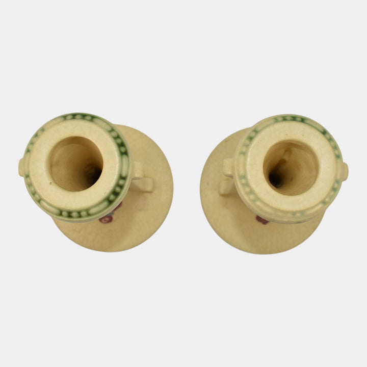 Roseville La Rose 1924 Vintage Art Pottery Ivory Ceramic Candle Holders 1051-4 - Just Art Pottery