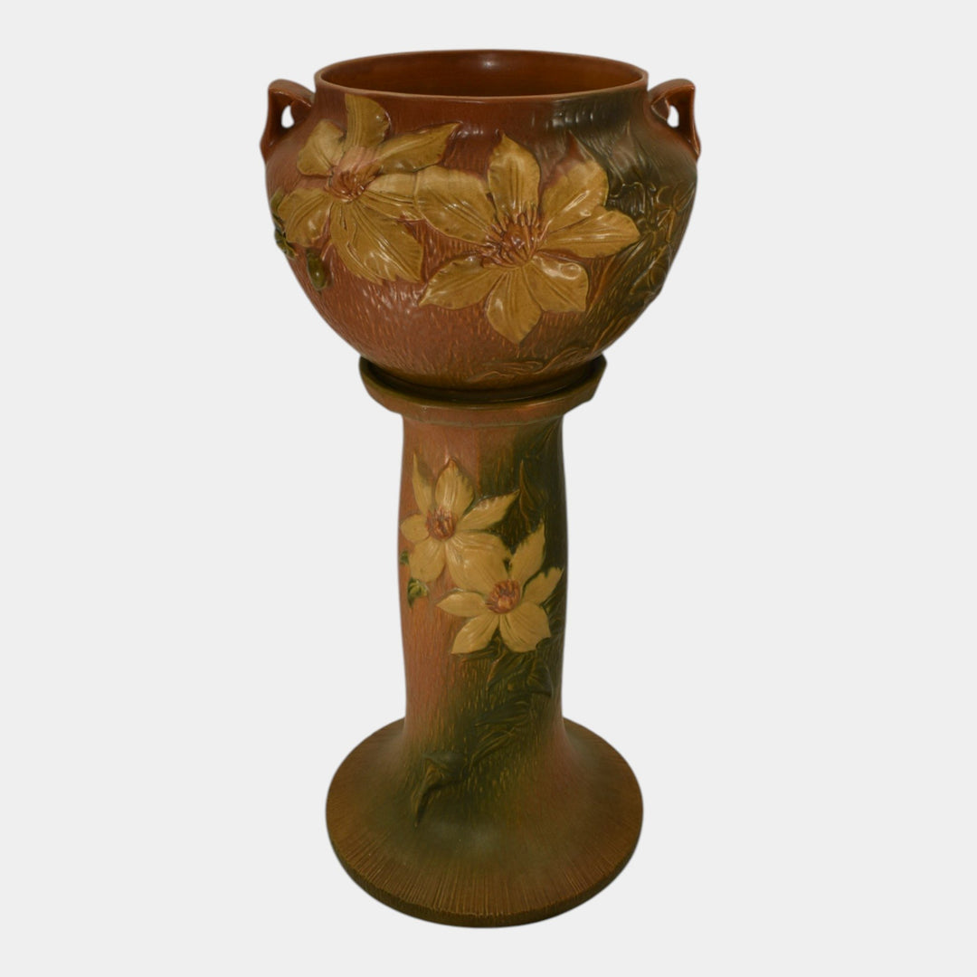 Roseville Clematis Brown 1944 Vintage Pottery Ceramic Jardiniere Pedestal 667-8 - Just Art Pottery