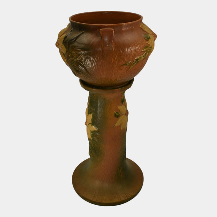 Roseville Clematis Brown 1944 Vintage Pottery Ceramic Jardiniere Pedestal 667-8 - Just Art Pottery