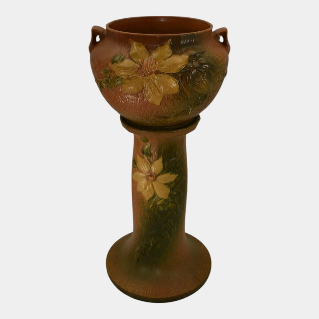 Roseville Clematis Brown 1944 Vintage Pottery Ceramic Jardiniere Pedestal 667-8 - Just Art Pottery