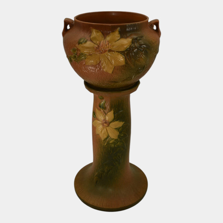 Roseville Clematis Brown 1944 Vintage Pottery Ceramic Jardiniere Pedestal 667-8 - Just Art Pottery