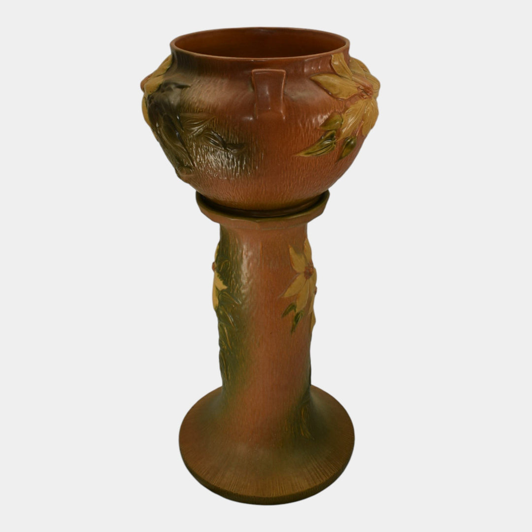 Roseville Clematis Brown 1944 Vintage Pottery Ceramic Jardiniere Pedestal 667-8 - Just Art Pottery