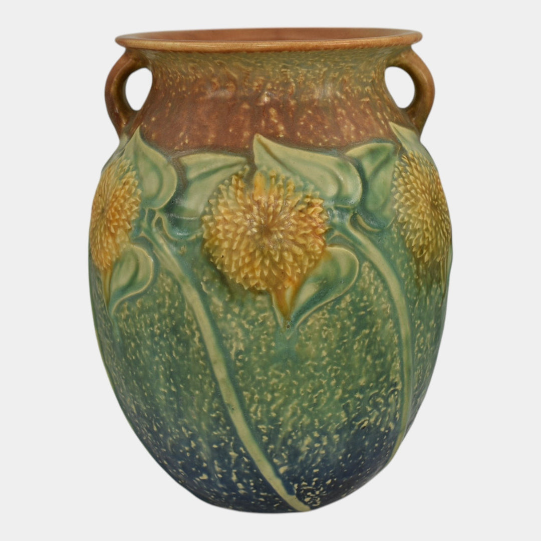 Roseville Sunflower 1930 Vintage Arts and Crafts Pottery Ceramic Vase 491-8 - Just Art Pottery