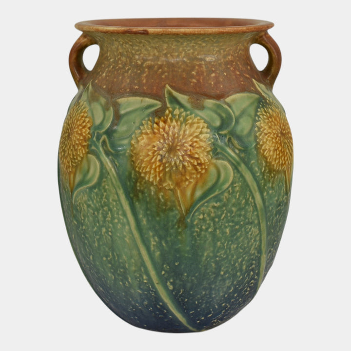 Roseville Sunflower 1930 Vintage Arts and Crafts Pottery Ceramic Vase 491-8 - Just Art Pottery