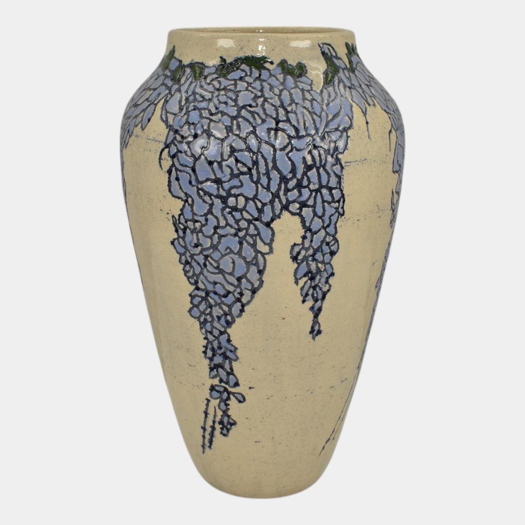 Freiwald Studio Art Pottery Hand Made Blue Wisteria Ceramic White Vase