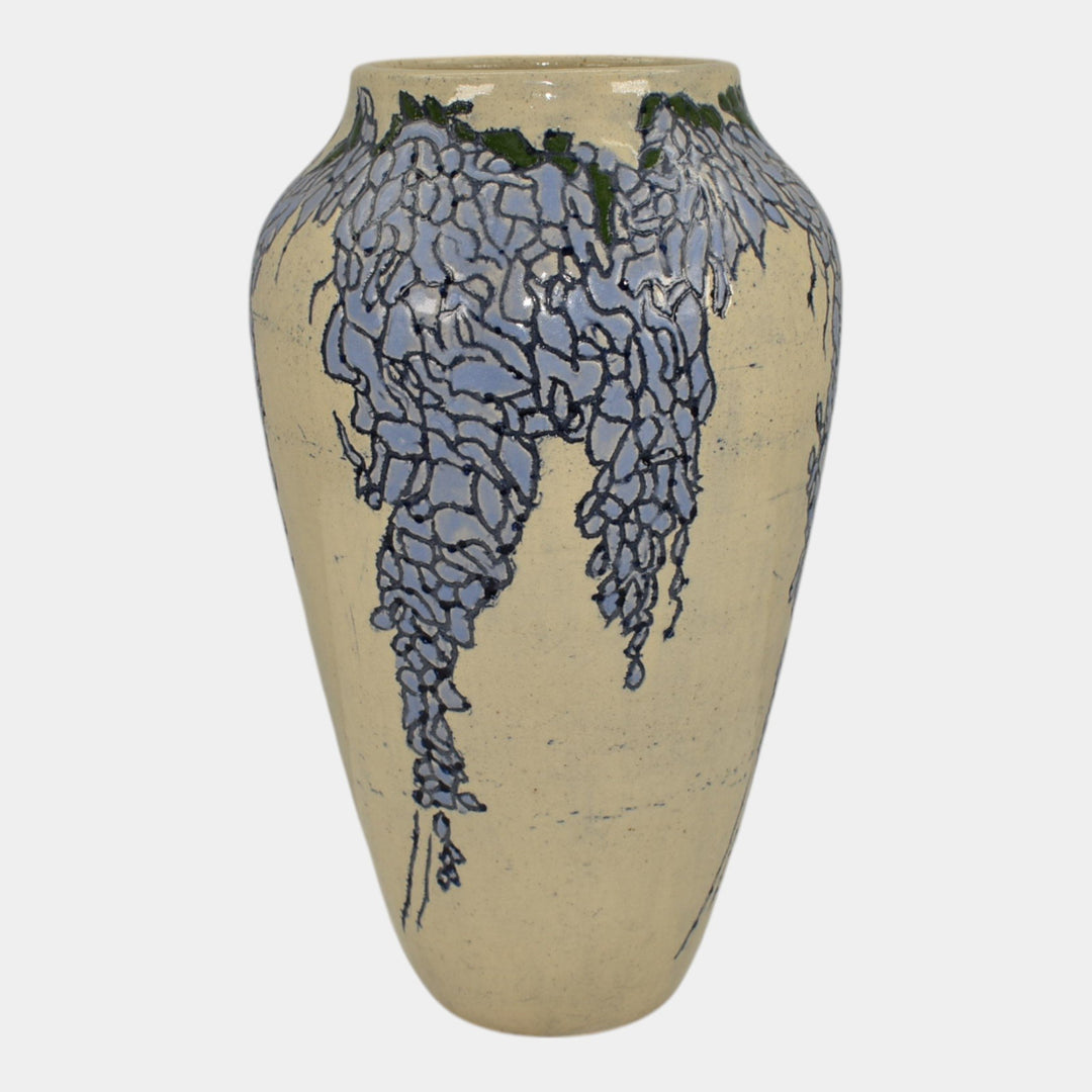 Freiwald Studio Art Pottery Hand Made Blue Wisteria Ceramic White Vase