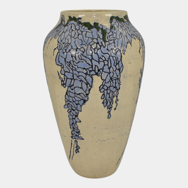 Freiwald Studio Art Pottery Hand Made Blue Wisteria Ceramic White Vase