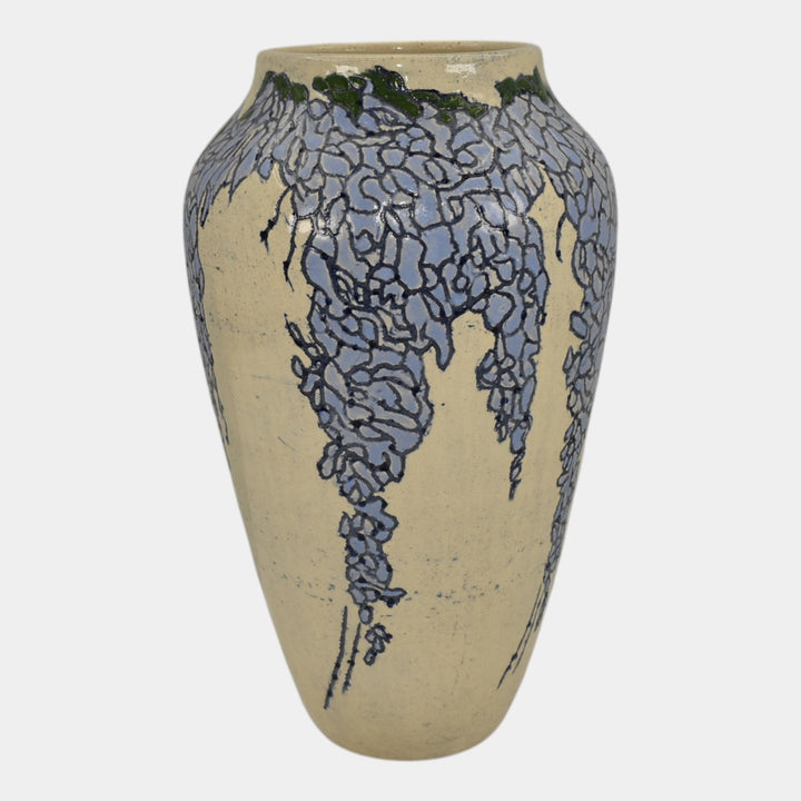 Freiwald Studio Art Pottery Hand Made Blue Wisteria Ceramic White Vase