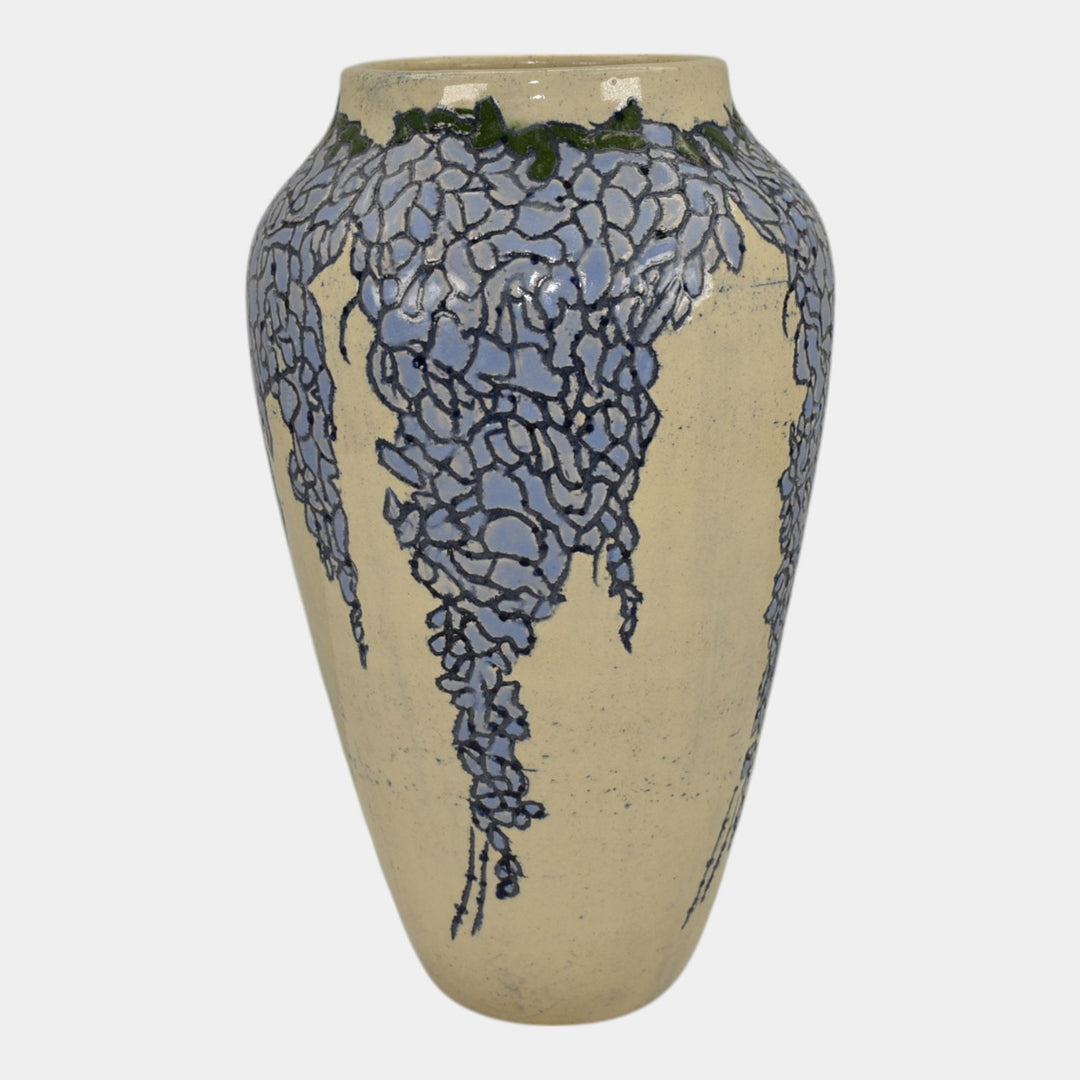Freiwald Studio Art Pottery Hand Made Blue Wisteria Ceramic White Vase