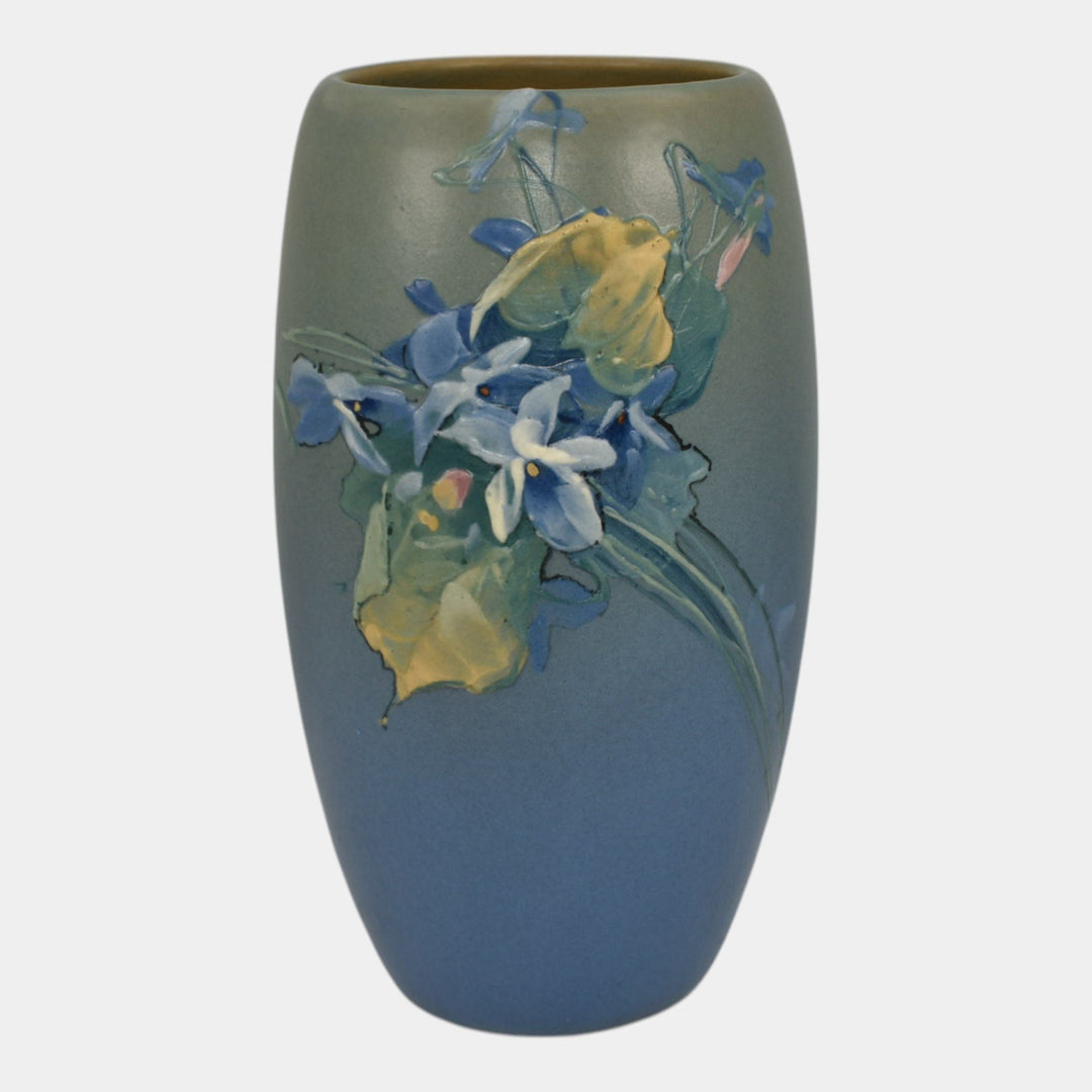 Weller Hudson 1920s Vintage Art Pottery Hand Painted Blue Flower Vase Timberlake - Just Art Pottery