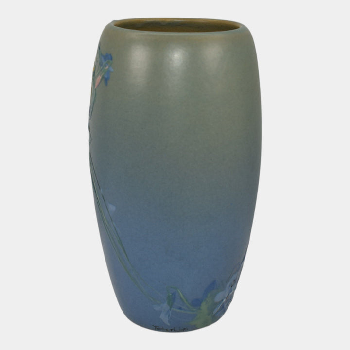 Weller Hudson 1920s Vintage Art Pottery Hand Painted Blue Flower Vase Timberlake - Just Art Pottery