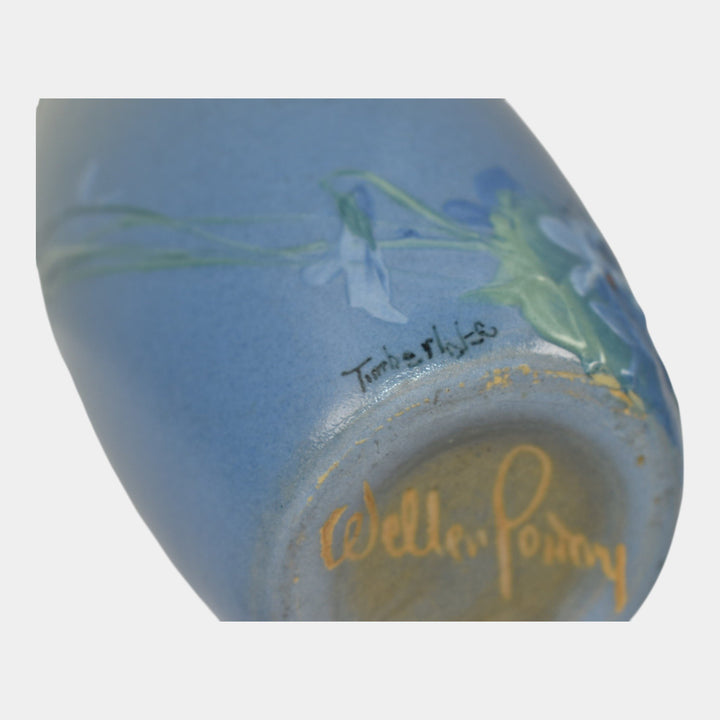 Weller Hudson 1920s Vintage Art Pottery Hand Painted Blue Flower Vase Timberlake - Just Art Pottery