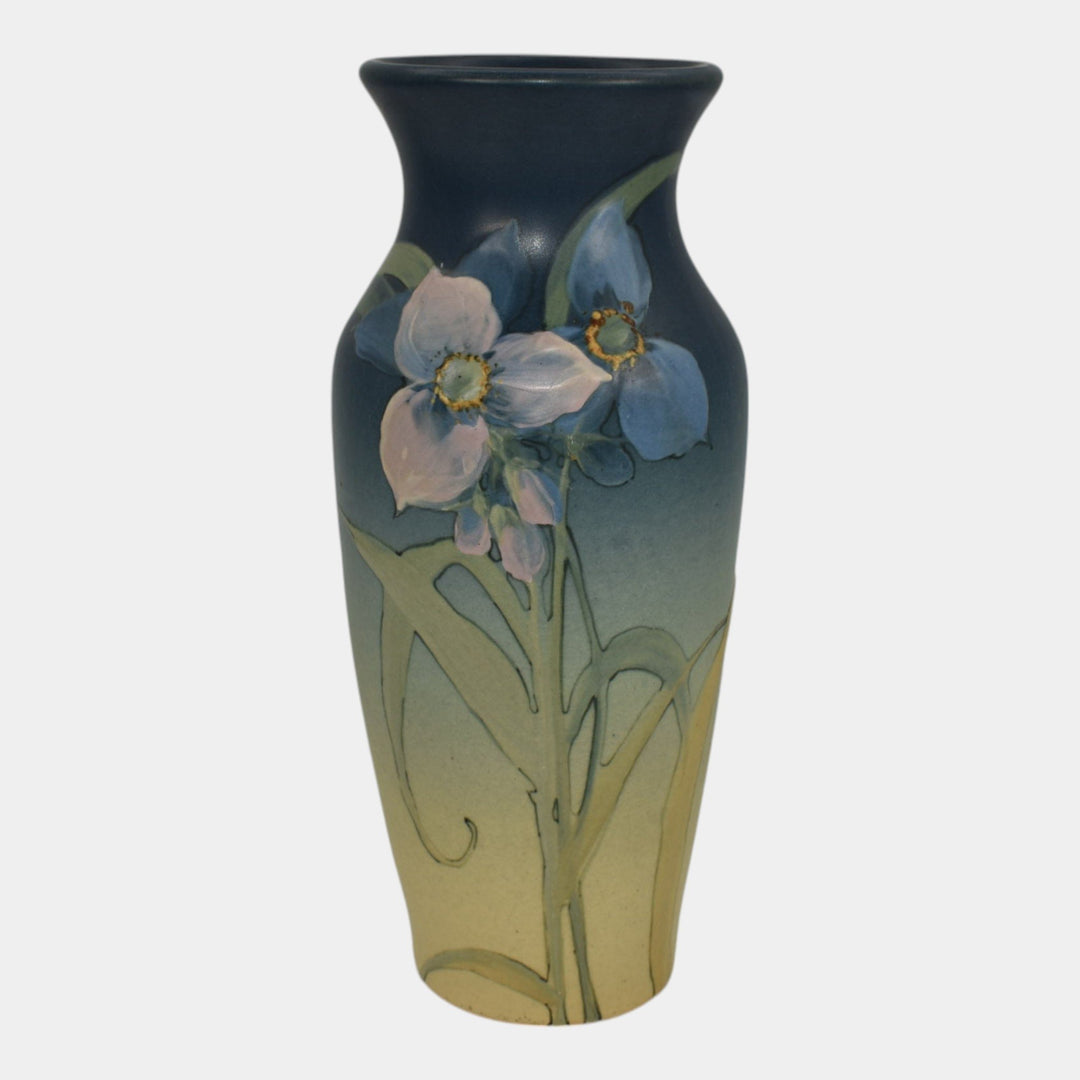 Weller Hudson 1920s Vintage Art Pottery Hand Painted Blue Flower Vase Timberlake