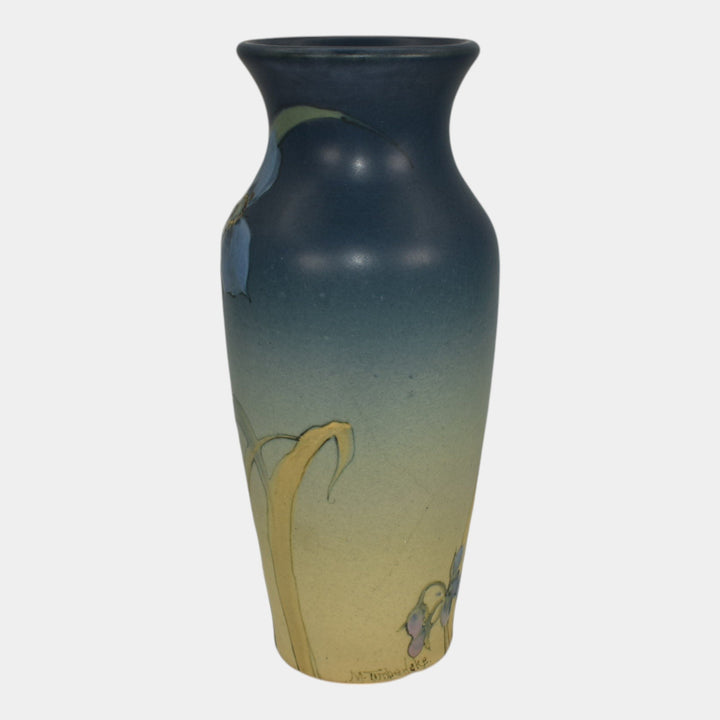 Weller Hudson 1920s Vintage Art Pottery Hand Painted Blue Flower Vase Timberlake