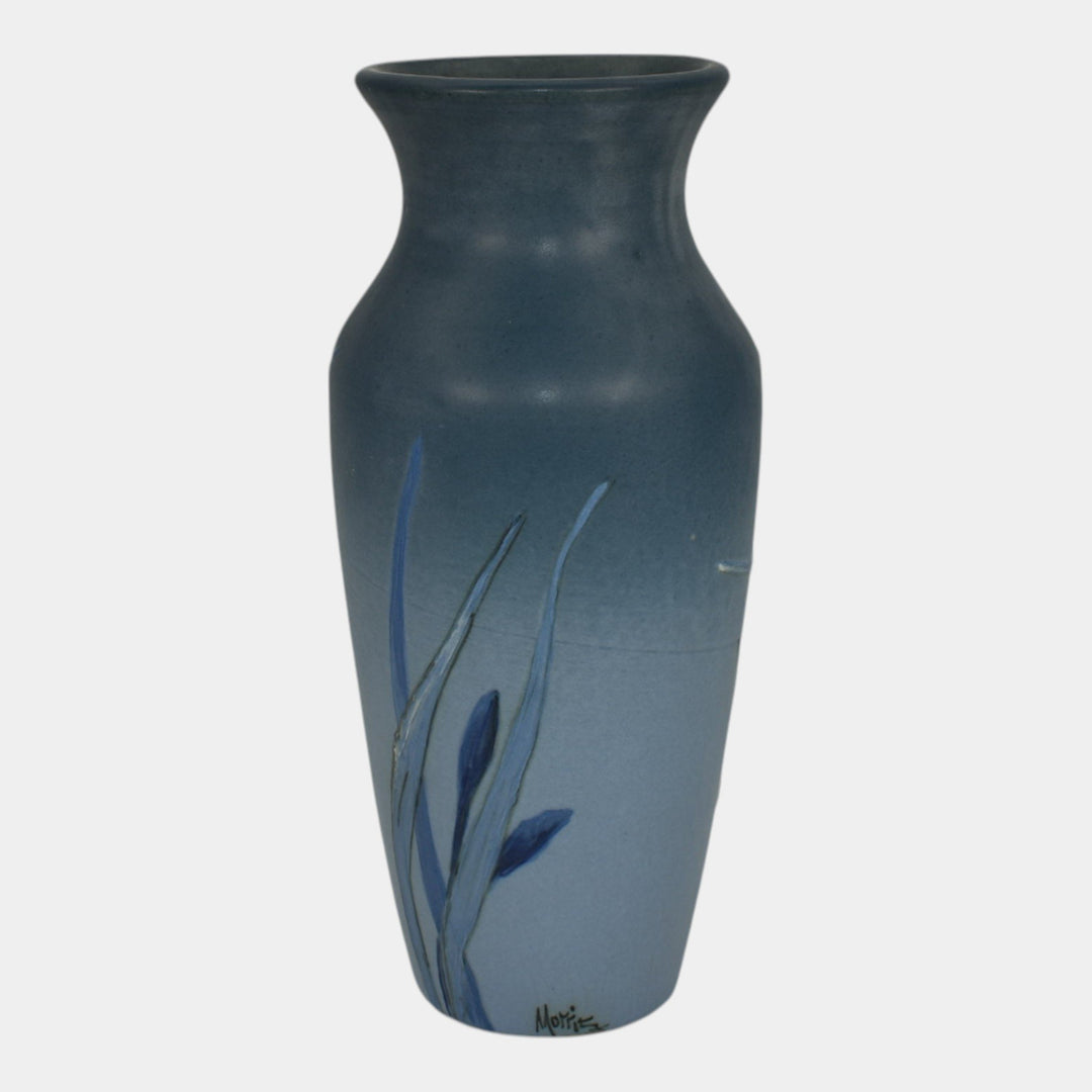Weller Hudson 1920s Vintage Art Pottery Hand Painted Blue Flower Vase Morris