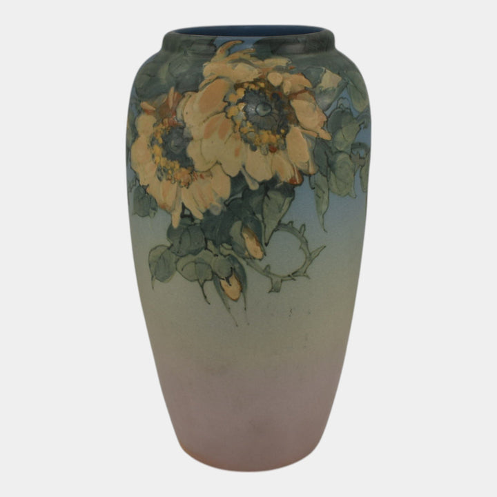 Weller Hudson 1920s Vintage Art Pottery Hand Painted Blue Flower Vase Leffler