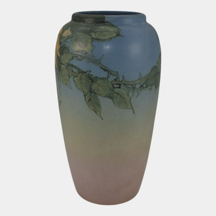 Weller Hudson 1920s Vintage Art Pottery Hand Painted Blue Flower Vase Leffler