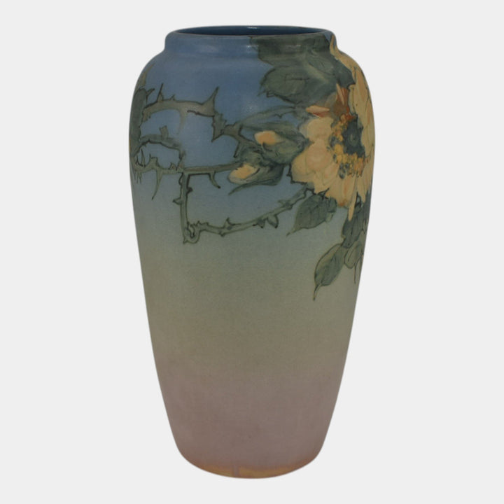 Weller Hudson 1920s Vintage Art Pottery Hand Painted Blue Flower Vase Leffler