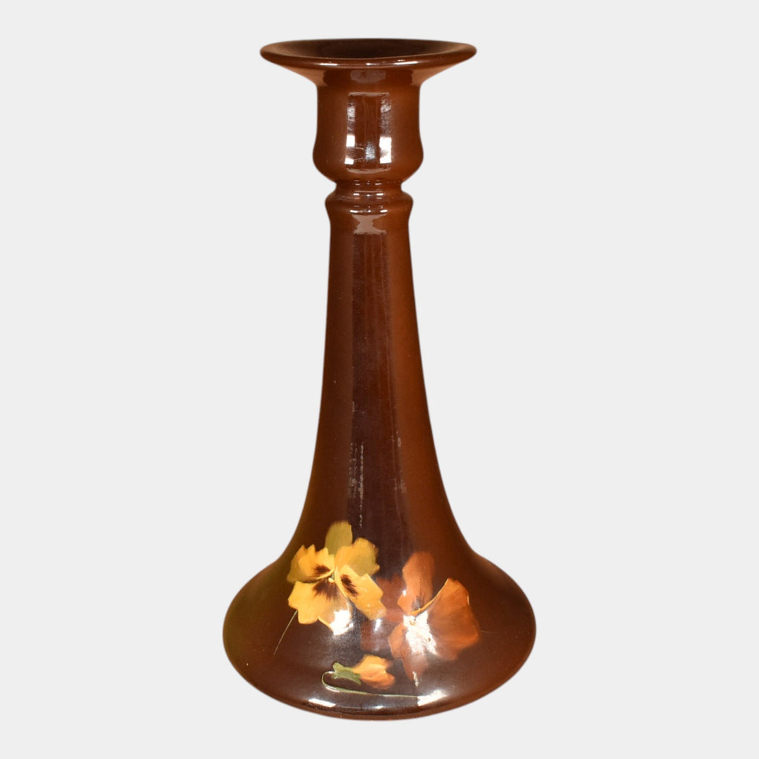 Roseville Rozane Ware 1900s Art Pottery Standard Glaze Pansies Candle Holder - Just Art Pottery