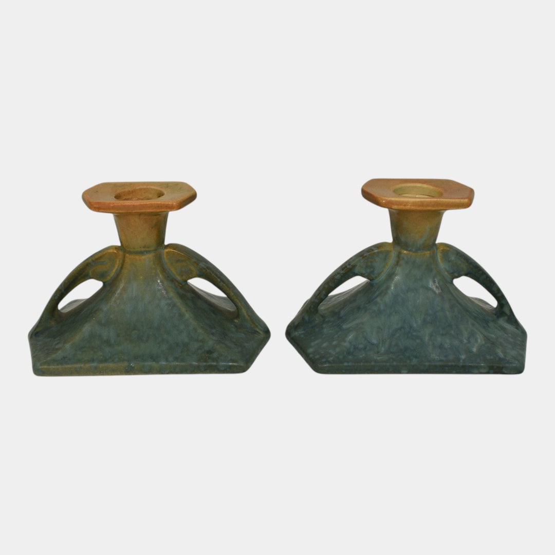 Roseville Futura Blue 1928 Pottery Candle Holders 1064-3 - Just Art Pottery