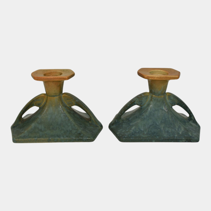 Roseville Futura Blue 1928 Pottery Candle Holders 1064-3 - Just Art Pottery