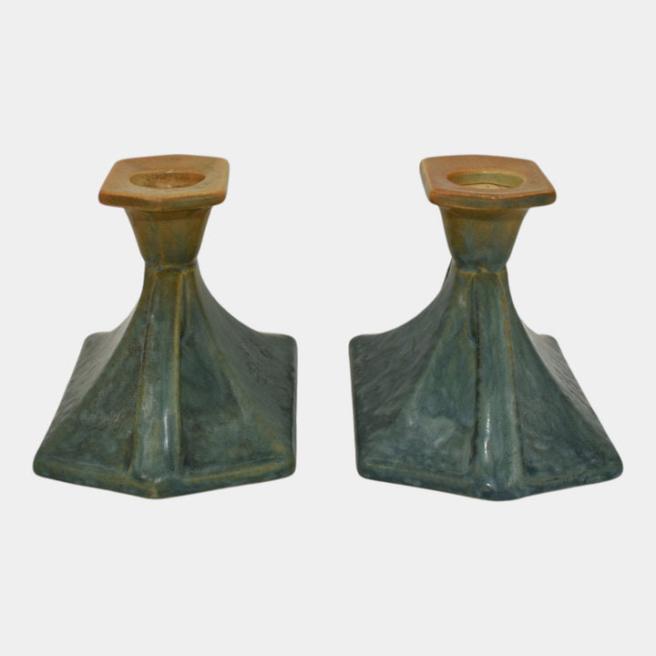 Roseville Futura Blue 1928 Pottery Candle Holders 1064-3 - Just Art Pottery