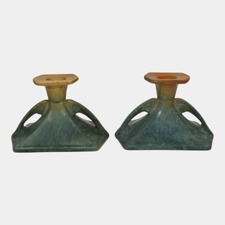 Roseville Futura Blue 1928 Pottery Candle Holders 1064-3 - Just Art Pottery