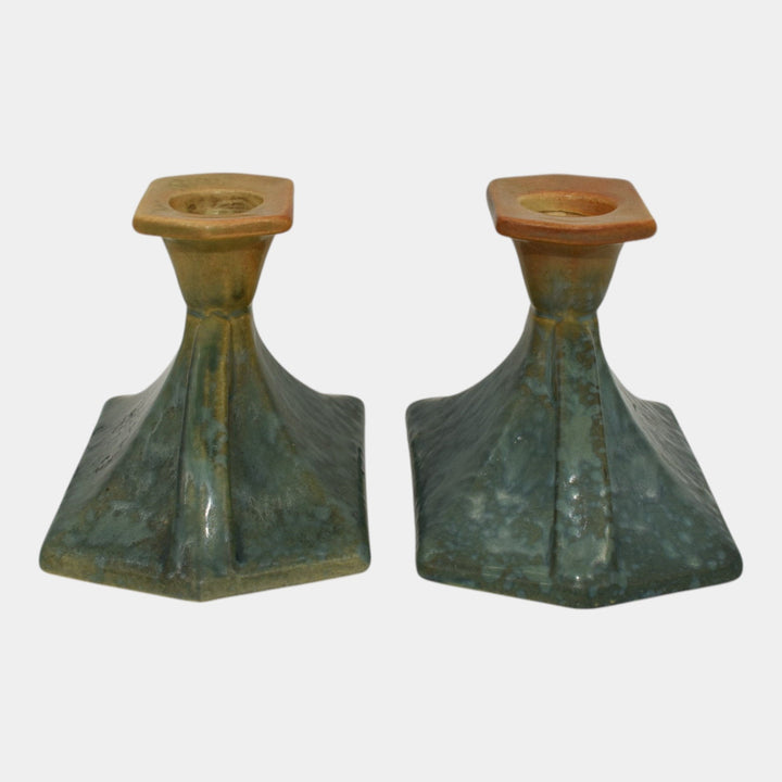 Roseville Futura Blue 1928 Pottery Candle Holders 1064-3 - Just Art Pottery