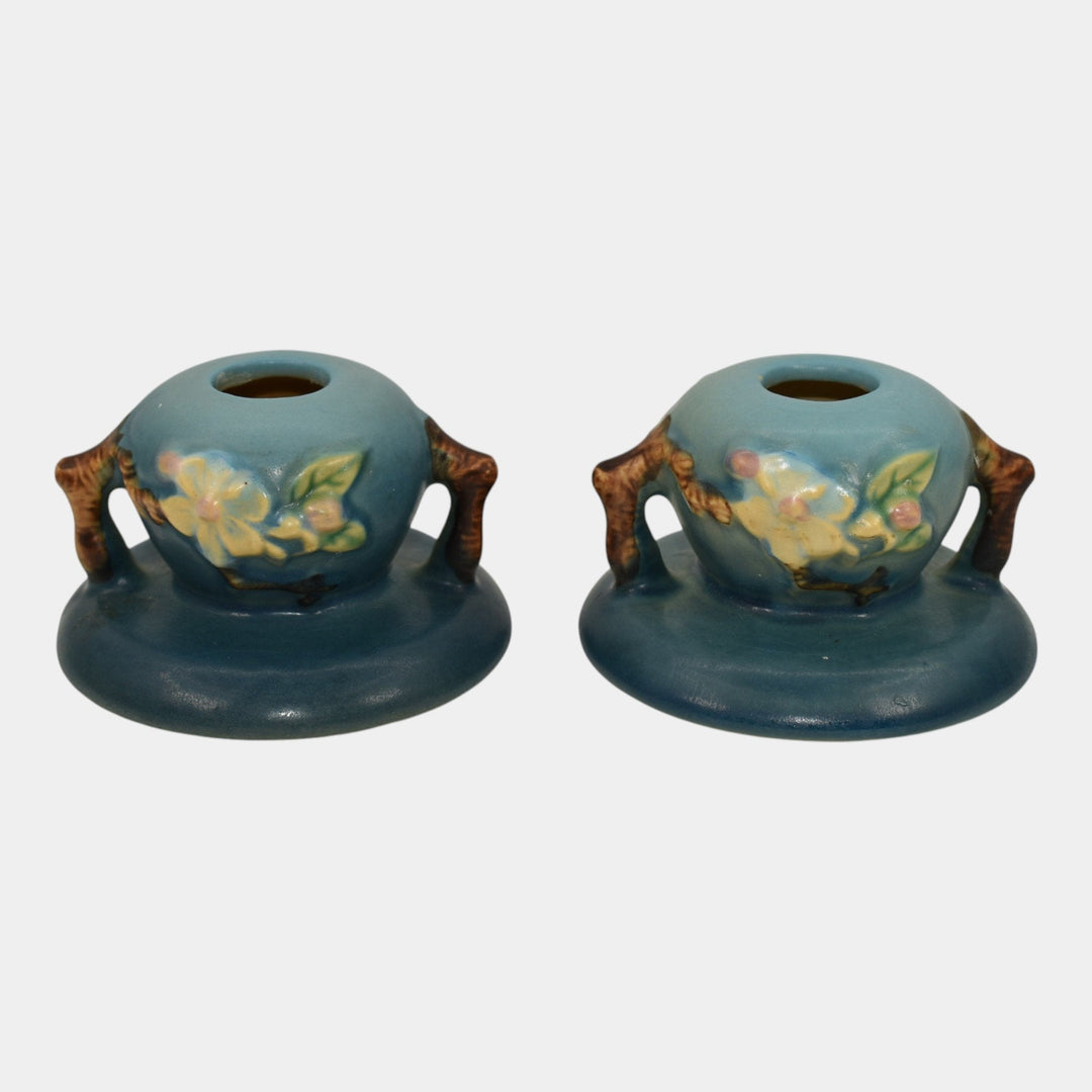 Roseville Apple Blossom Blue 1949 Mid Century Modern Pottery Candle Holders 351 - Just Art Pottery