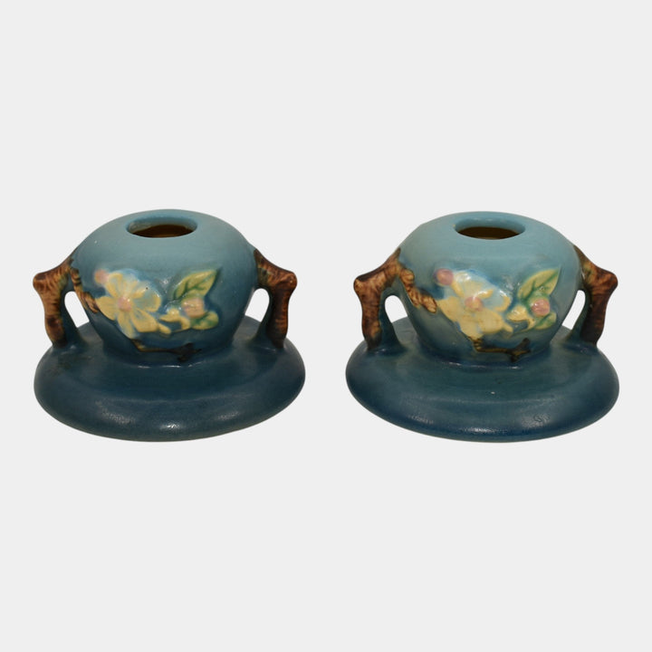 Roseville Apple Blossom Blue 1949 Mid Century Modern Pottery Candle Holders 351 - Just Art Pottery
