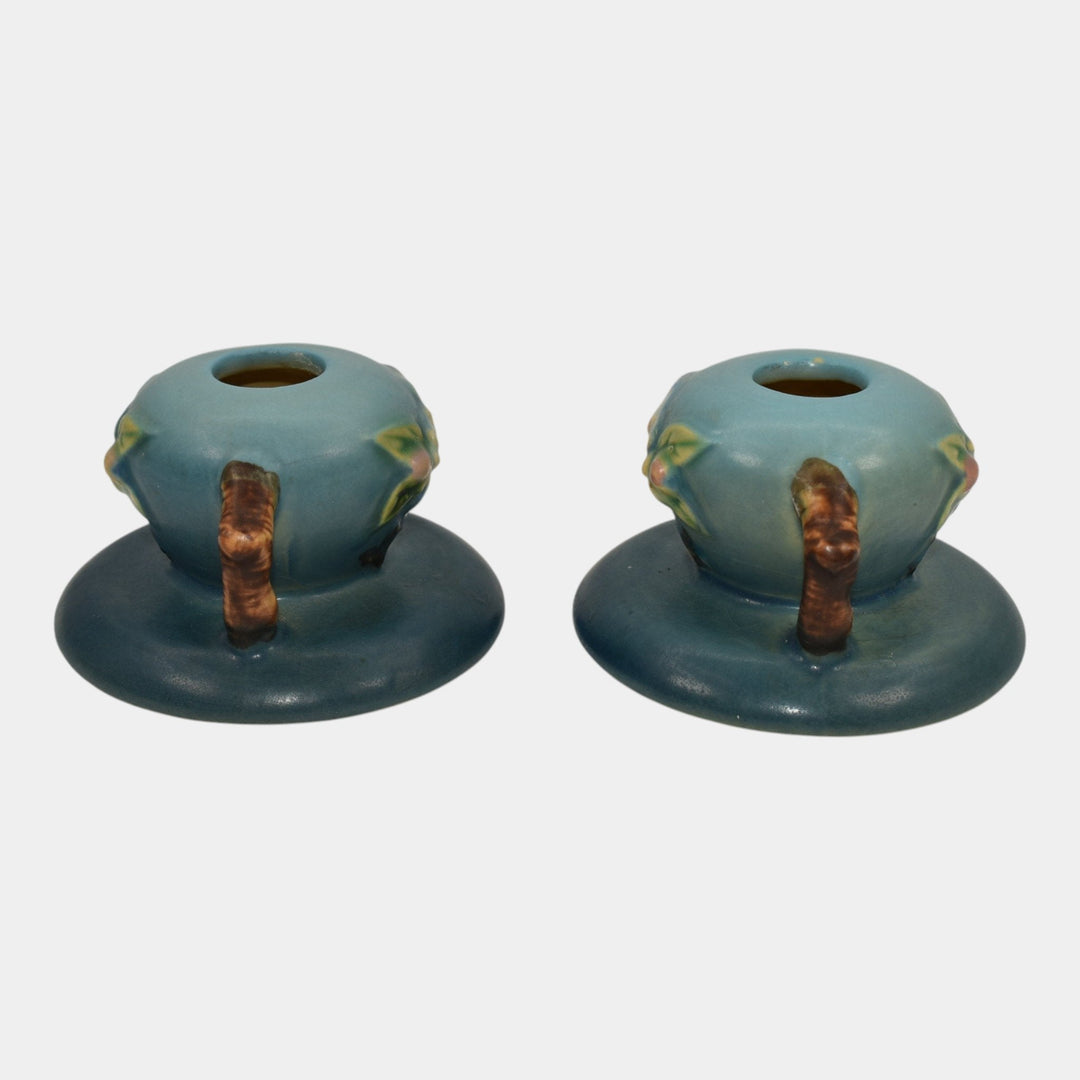 Roseville Apple Blossom Blue 1949 Mid Century Modern Pottery Candle Holders 351 - Just Art Pottery