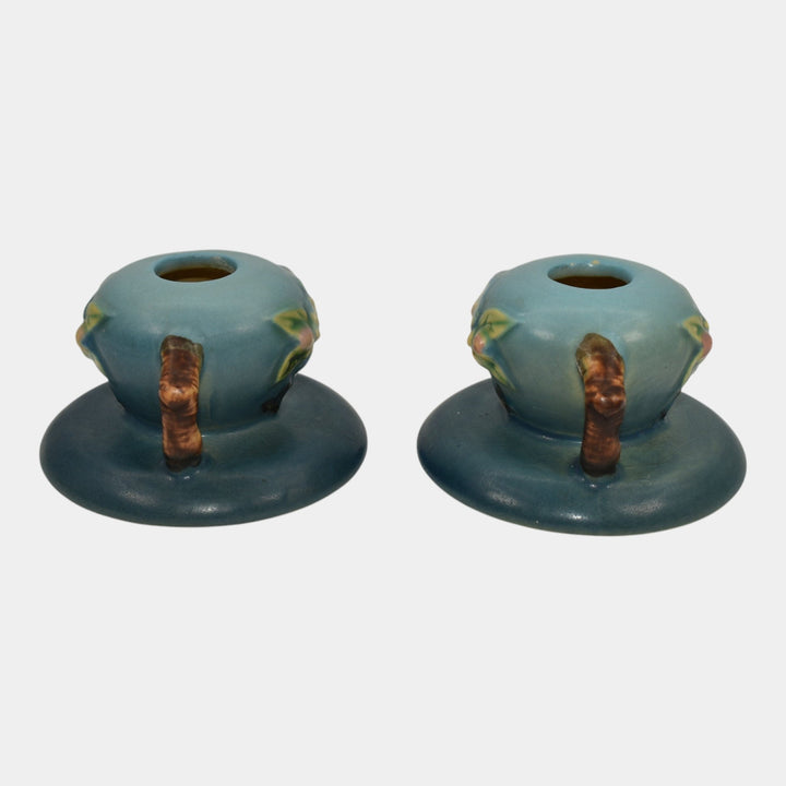 Roseville Apple Blossom Blue 1949 Mid Century Modern Pottery Candle Holders 351 - Just Art Pottery