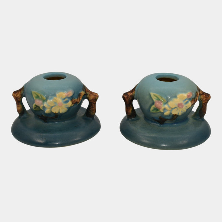 Roseville Apple Blossom Blue 1949 Mid Century Modern Pottery Candle Holders 351 - Just Art Pottery