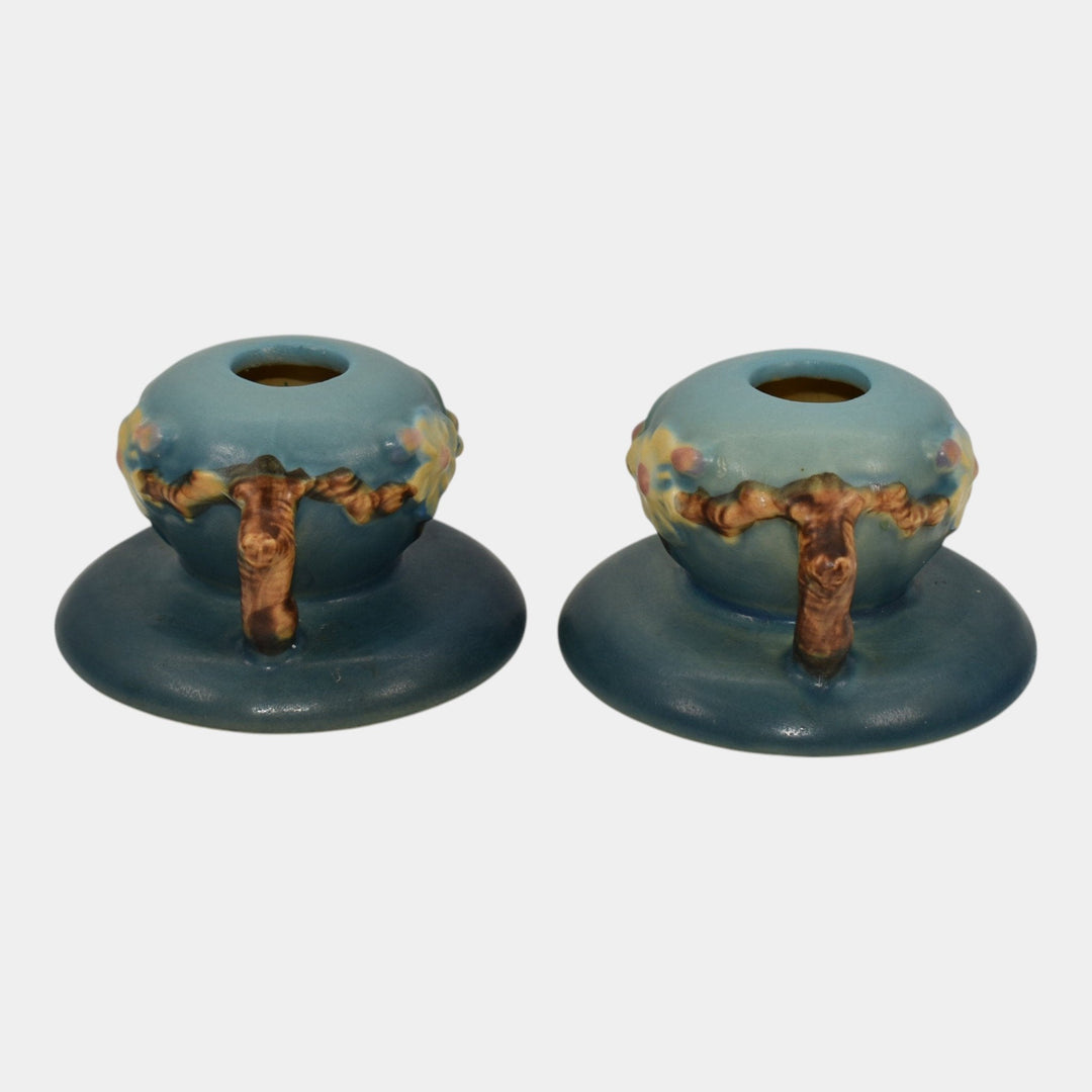 Roseville Apple Blossom Blue 1949 Mid Century Modern Pottery Candle Holders 351 - Just Art Pottery