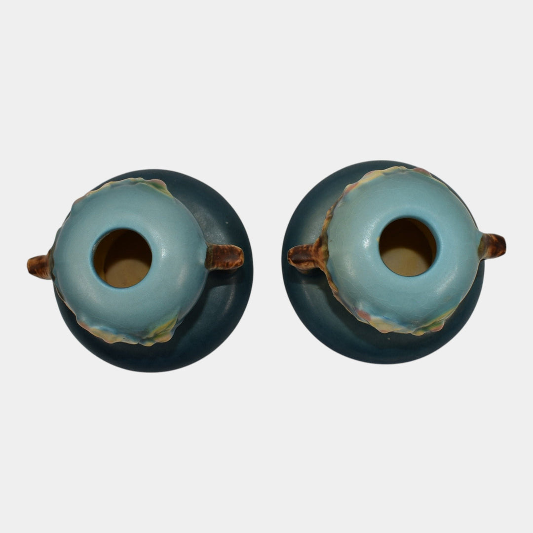 Roseville Apple Blossom Blue 1949 Mid Century Modern Pottery Candle Holders 351 - Just Art Pottery