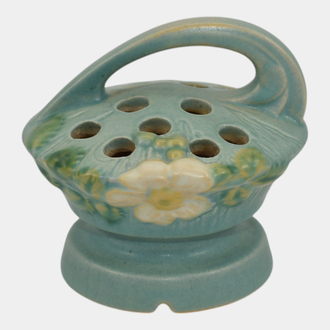 Roseville White Rose Blue 1940 Vintage Art Pottery Ceramic Flower Frog 41 - Just Art Pottery