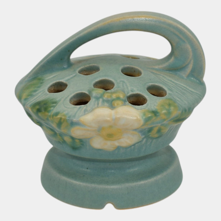 Roseville White Rose Blue 1940 Vintage Art Pottery Ceramic Flower Frog 41 - Just Art Pottery