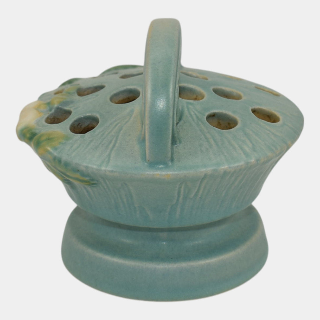 Roseville White Rose Blue 1940 Vintage Art Pottery Ceramic Flower Frog 41 - Just Art Pottery