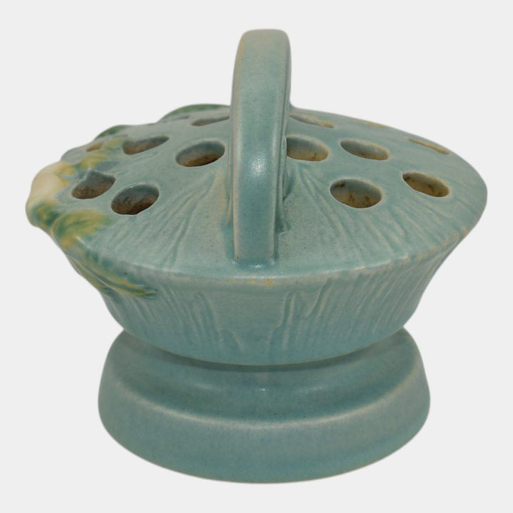 Roseville White Rose Blue 1940 Vintage Art Pottery Ceramic Flower Frog 41 - Just Art Pottery