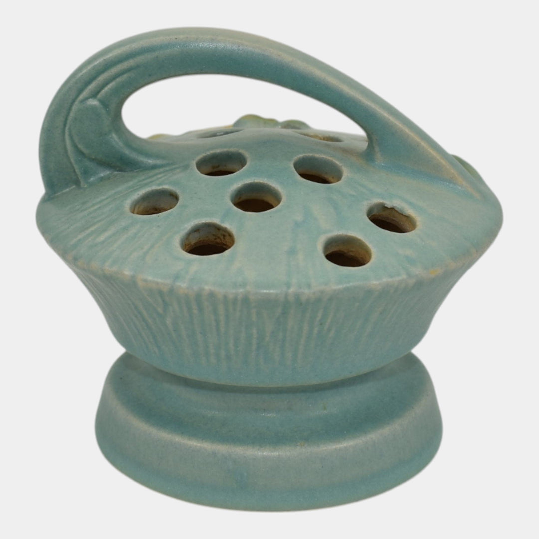 Roseville White Rose Blue 1940 Vintage Art Pottery Ceramic Flower Frog 41 - Just Art Pottery