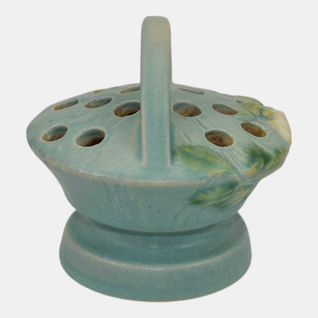 Roseville White Rose Blue 1940 Vintage Art Pottery Ceramic Flower Frog 41 - Just Art Pottery