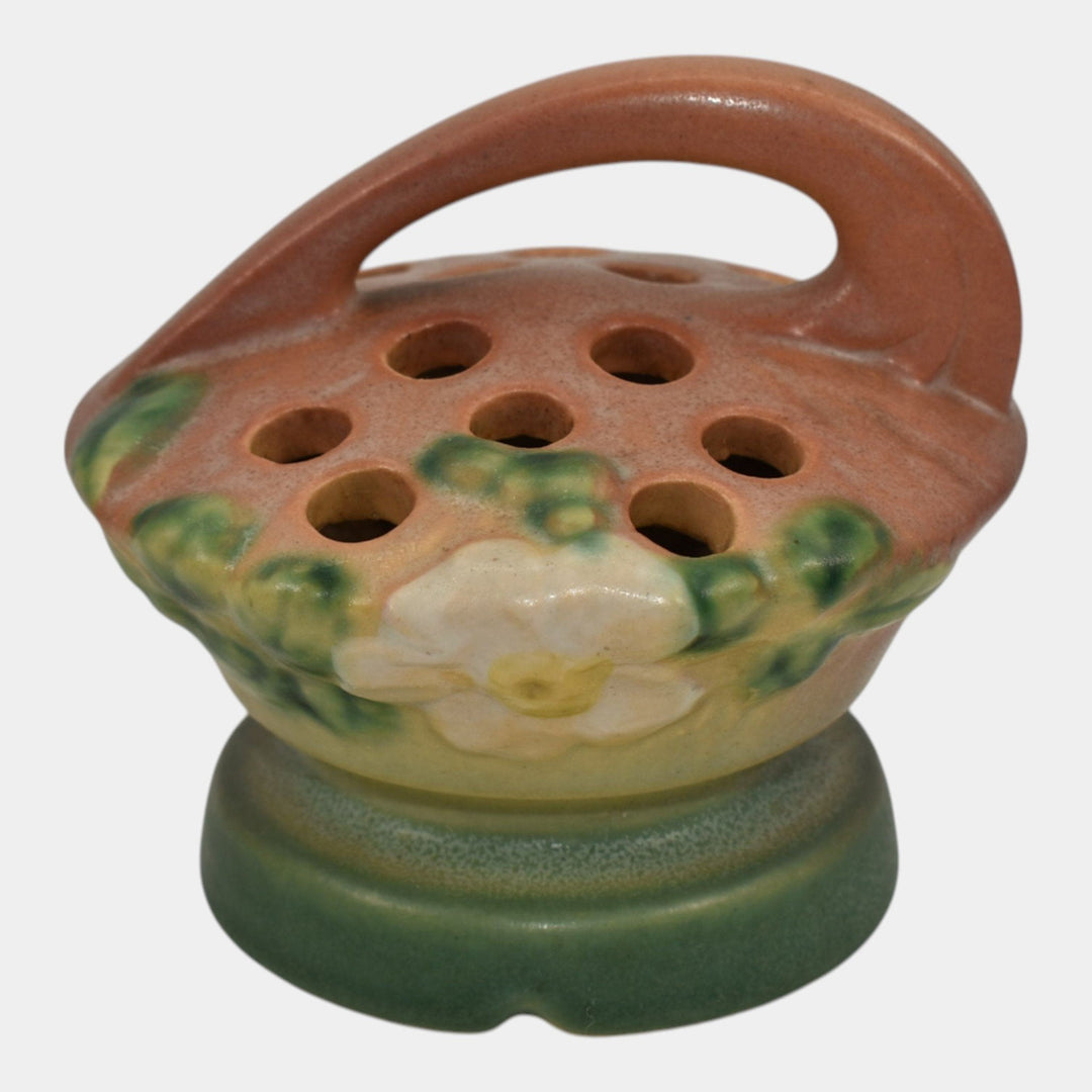 Roseville White Rose Pink 1940 Vintage Art Pottery Ceramic Flower Frog 41 - Just Art Pottery