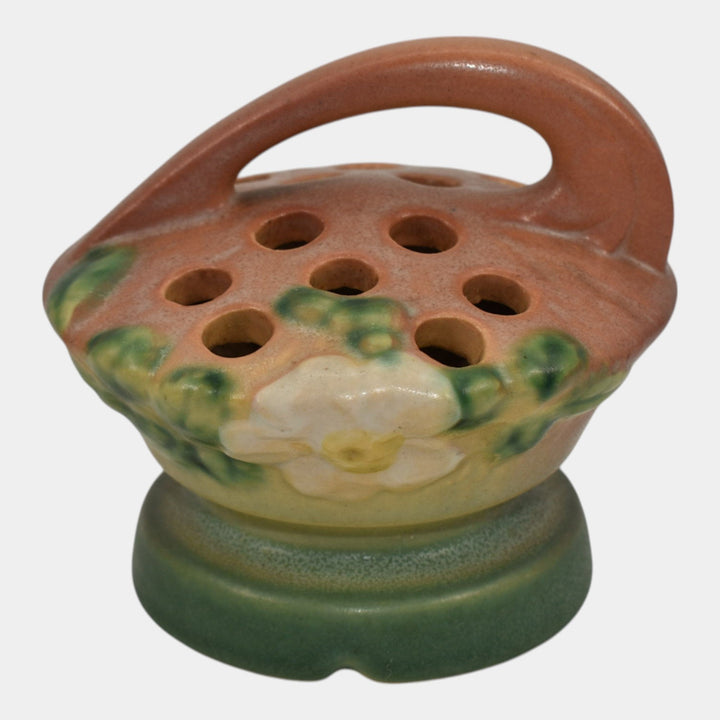 Roseville White Rose Pink 1940 Vintage Art Pottery Ceramic Flower Frog 41 - Just Art Pottery