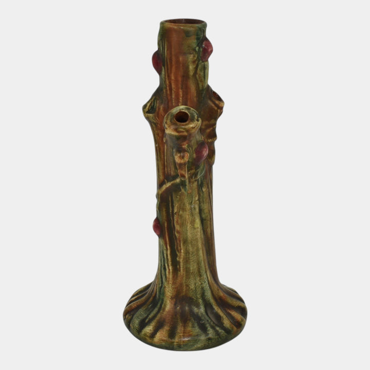 Weller Woodcraft 1920s Vintage Art Pottery Red Apple Tree Brown Ceramic Bud Vase - Just Art Pottery