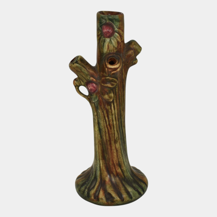 Weller Woodcraft 1920s Vintage Art Pottery Red Apple Tree Brown Ceramic Bud Vase - Just Art Pottery