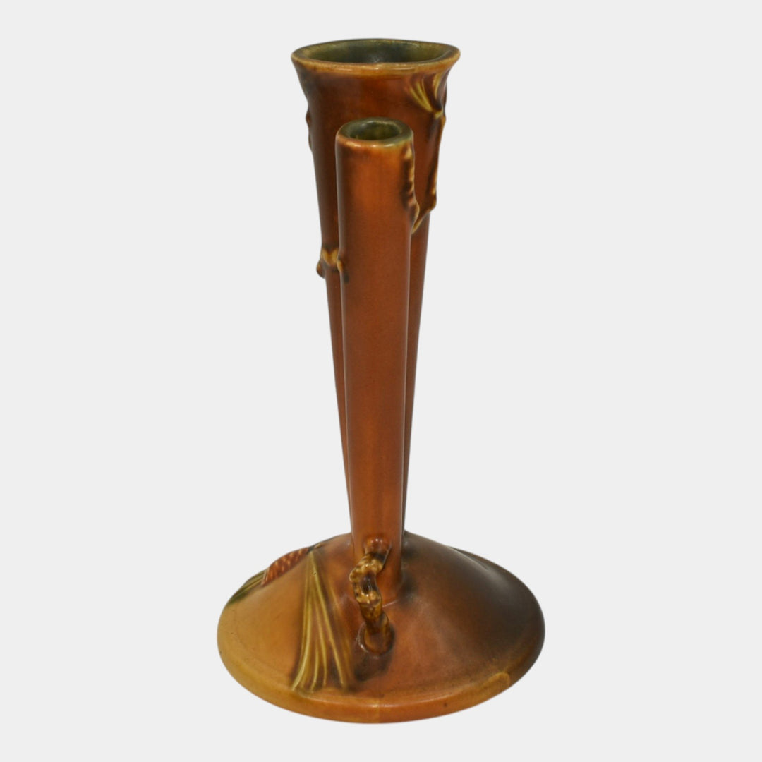Roseville Pine Cone Brown 1935 Vintage Art Pottery Triple Bud Ceramic Vase 113-8