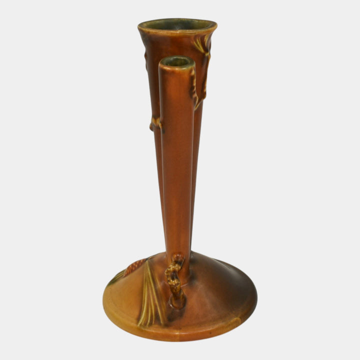 Roseville Pine Cone Brown 1935 Vintage Art Pottery Triple Bud Ceramic Vase 113-8