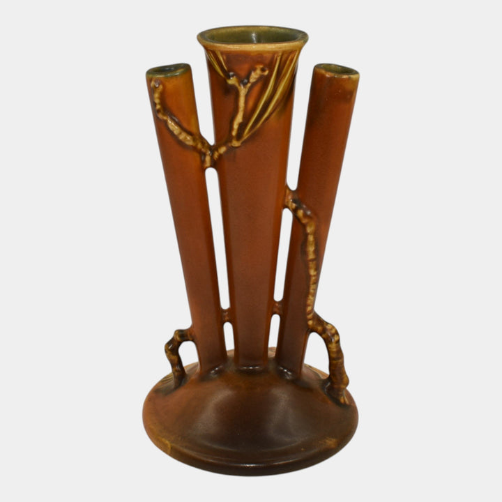 Roseville Pine Cone Brown 1935 Vintage Art Pottery Triple Bud Ceramic Vase 113-8