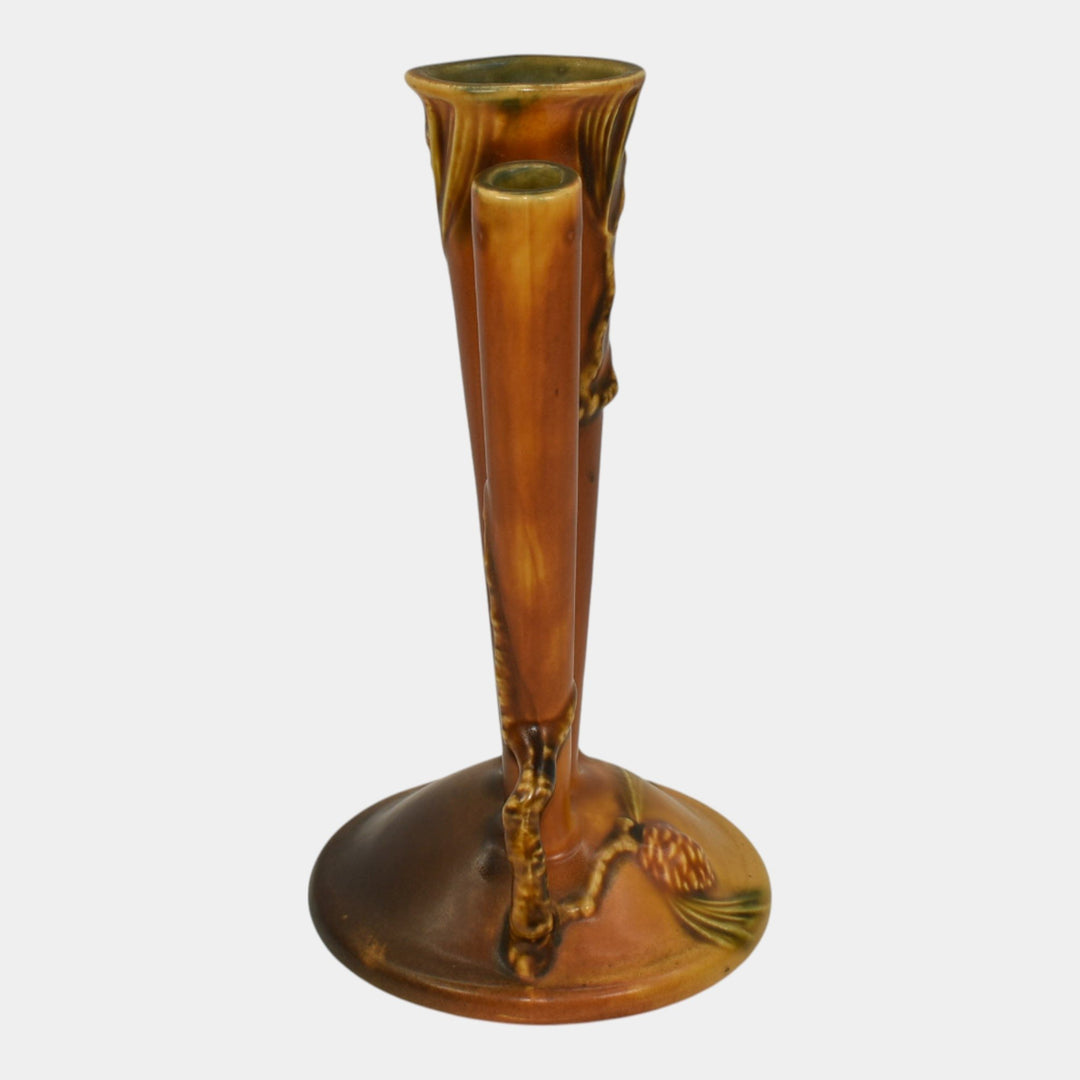 Roseville Pine Cone Brown 1935 Vintage Art Pottery Triple Bud Ceramic Vase 113-8